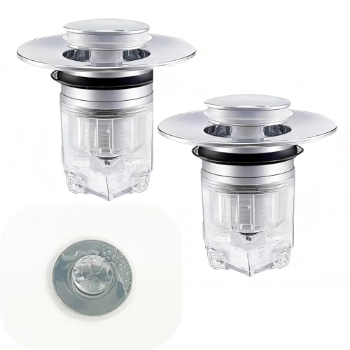 Magnetic Pop-Up Sink Drain Stopper, Universal Bathroom Drain Plug with Removable Hair Catcher, Odor-Proof & Insect-Proof, Fits 1.35–1.6 in Drain Openings (2)