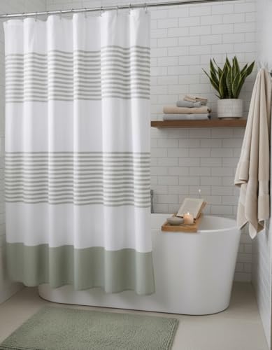 Sage Green Fabric Shower Curtain, Cotton Striped Textured Design, 70 x 72 Shower Curtain, Modern Farmhouse Bathroom Decor, Collin Sage - color: Collin Sage