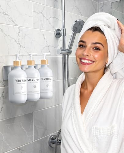 Luxspire 17oz Shampoo and Conditioner Dispenser 3 Sets for Bathroom, White | Matte PET bottle, no-drill stainless bracket, detachable pump, dual wall/counter install with classification stickers - color: Matte White
