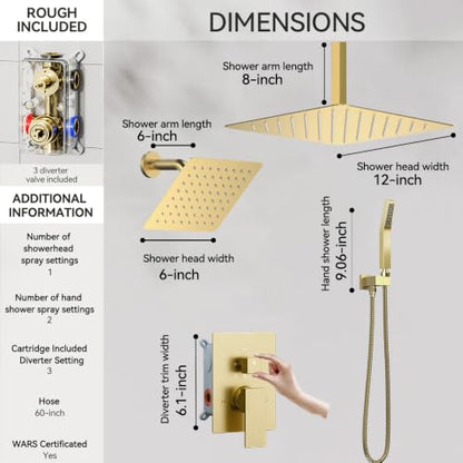 STARBATH Shower Faucet Set Shower System with Diverter Valve, Brushed Gold | 12 Inch Ceiling Mount Rain Shower Head, 6 Inch Wall Mount Rainfall Shower Head and Handheld Spray for Two Person - color: Gold, size: 12"+6"-02