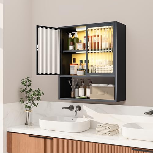 Metal Medicine Cabinet with Glass Doors, Space Saver Bathroom Cabinets Wall Mount with 2 Sense Lights, 23.6"W x 27.6"H Restroom Closet, 3-Tier Wall Cabinet for Bathroom Laundry Room Kitchen - color: Black, style: Classic