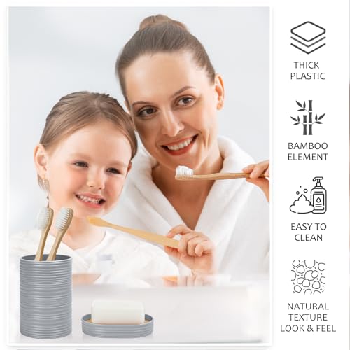 CERBIOR Bamboo Bathroom Accessories Set 6 Piece Spiral Bath Ensemble,Grey | Includes Soap Dispenser, Toothbrush Holder, Toothbrush Cup, Soap Dish for Decorative Countertop and Housewarming Gift - style: Grey