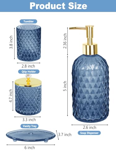 Haturi Glass Bathroom Accessories Set, Navy Blue Bathroom Set, 4 Pcs | Kit w/ Bathroom Soap Dispenser Set, Toothbrush Holder, Qtip Holder, Vanity Tray, Blue Bathroom Decor, Gift for Home Apartment - style: Navy Blue