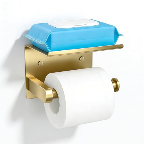 Brushed Gold Toilet Paper Holder Wall Mount, NEWRAIN Rustproof Toilet Tissue Holder with Phone Shelf, Stainless Steel Adhesive Toilet Roll Holder for Bathroom, Washroom, Kitchen, RV - color: Brushed Gold, style: Single