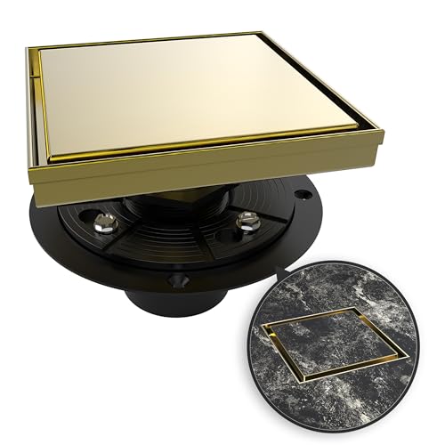 6 Inch Square Shower Drain Gold Floor Drain with Flange Reversible 2-in-1 Cover Tile Insert Grate Removable SUS304 Stainless Steel CUPC Certified Brushed Gold - color: Brushed Gold, size: 6 Inch