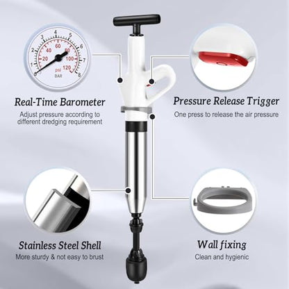 High Pressure Air Drain Blaster, Drain Plunger Equipped with 360° Rotating Elbow/Base High-Pressure Air Plunger Kit for Unclogging Toilets/Sinks/Bathtubs/Floor Drains