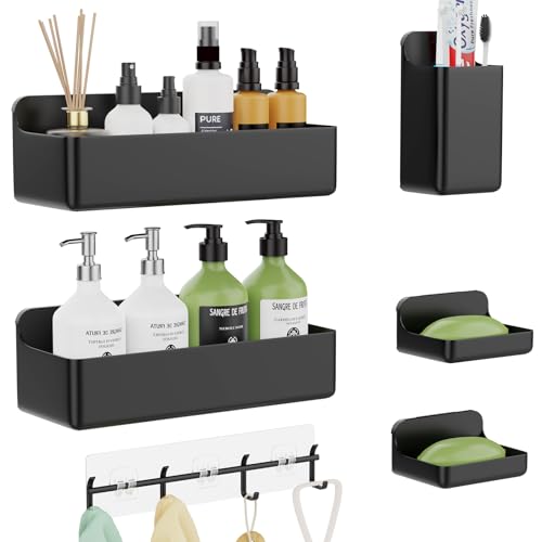Adhesive Shower Caddy Shower Shelves Bathroom Organizer and Storage | 6 Pack，Rustproof，No Drilling，with Soap Holder，Clear，Acrylic， Large Capacity，Removable and Reusable，Plastics，Wall-Mounted - color: black
