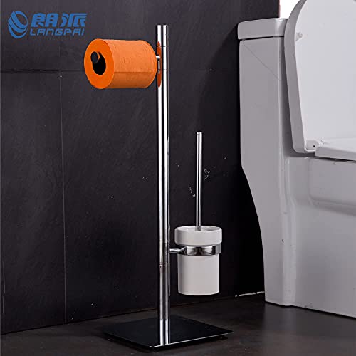 Freestanding Toilet Brush and Paper Holder Set Superior Hotel Luxury Style Join Roll Paper and Toilet Brush Non-Skid Sturdy Floor Stand Brass Chrome with White Ceramic Cup - color: Brass Toilet Brush and Roll Paper Holder Set