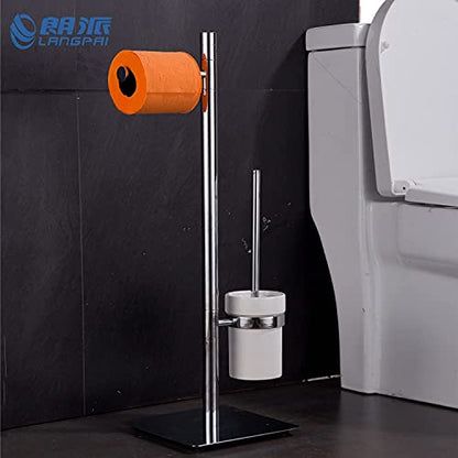 Freestanding Toilet Brush and Paper Holder Set Superior Hotel Luxury Style Join Roll Paper and Toilet Brush Non-Skid Sturdy Floor Stand Brass Chrome with White Ceramic Cup - color: Brass Toilet Brush and Roll Paper Holder Set