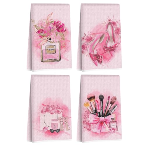4 Pcs Pink Hand Towels for Bathroom, Perfume Bow Decor Reusable Tea Towels | Waffle Weave Microfiber Dish Drying Towel for Bathroom Home Decor, Washroom Gifts for Women Mom Girls Friend 24x14 Inch - color: Multi 1352