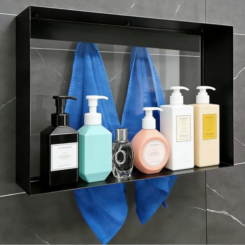Hanging Shower Shelf with Hooks, Bathroom Caddy Shower Organizer for Shower Glass Panels, Over The Door Metal Shower Shelves for Bathroom, Black