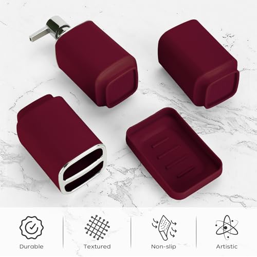 4Pcs Burgundy Bathroom Set, Square Boho Soap & Toothbrush Holder Set | Thick shatterproof ABS, electroplated rust-proof pump, drip-free, multi-slot holder, dustproof lids, easy-clean - color: Burgundy, size: 4PCS