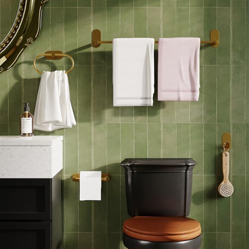 Self Adhesive Towel Bar for Bathroom 24ich Stainless Steel and Zinc Alloy No Drill Towel Rack Heavy Duty Hanger Stick On Hand Towel Holder for Kitchen, Cabinet, Door, Shower, Brushed Gold - color: Brushed Gold
