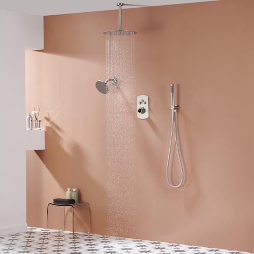 MONDAWE 12 Inch Ceiling Mounted Shower System in Brushed Nickel, 3-Function Shower Faucet Set with Rainfall Dual Shower Head and High Pressure Handheld Spray, All Function Can be Used At the Same Time - color: Brushed Nickel