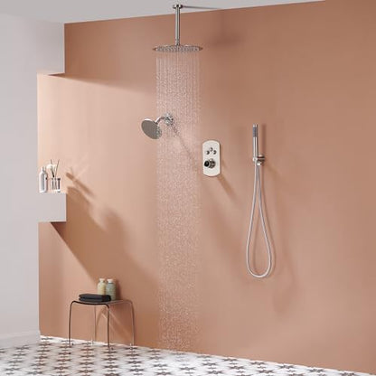 MONDAWE 12 Inch Ceiling Mounted Shower System in Brushed Nickel, 3-Function Shower Faucet Set with Rainfall Dual Shower Head and High Pressure Handheld Spray, All Function Can be Used At the Same Time - color: Brushed Nickel