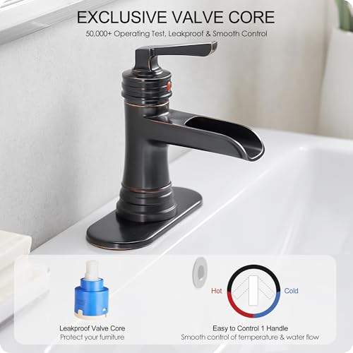 Brass Oil Rubbed Bronze Bathroom Faucet Waterfall Bathroom Sink Faucet 1 Hole or 4 Inch 3 Hole, Single Handle with Deck Plate, Pop-up Drain, cUPC Supply Lines for Vanity, 5 Mins Quick Install - color: Oil Rubbed Bronze