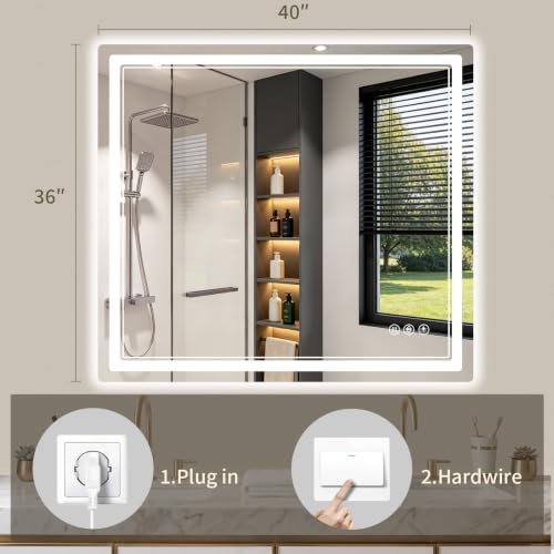 36"x40" LED Bathroom Mirror with Lights, Backlit + Front Lit, Anti-Fog, Lighted Bathroom Mirror for Wall, HD Shatterproof Tempered Glass, Dimmable, Memory Function (Horizontal/Vertical) - size: 40"L x 36"W
