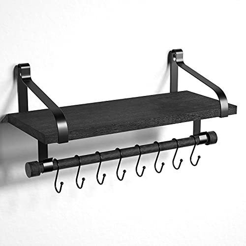 Love-KANKEI 17.3" Floating Wall Shelf Solid Wood/Bracket,Coffee Bar,Black | Spice Rack,Towel Bar/8 Hooks,40 Lbs/shelf,Easy to Install,For Kitchen,Bathroom,Living Room,Bedroom,Office,Entryway Display - color: Black