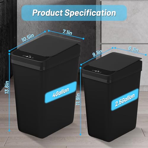 Procade 2Pack Touchless Bathroom Trash Can with Lid,4 Gal &2.5 Gal Slim Automatic Garbage Can, Auto Skinny Plastic Trash Bin, Small Motion Sensor Trash Bin for Bedroom, Bathroom, Office,RV(Black)