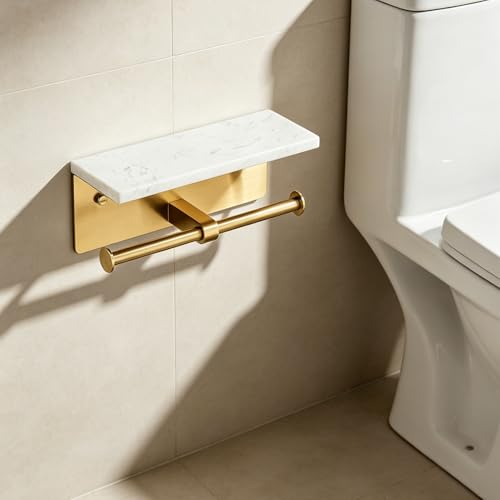 Brushed Gold Toilet Paper Holder Wall Mount, NEWRAIN Rustproof Commercial Double Toilet Tissue Holder with Marble Phone Shelf, Stainless Steel Toilet Roll Holder for Bathroom, Washroom, Hotel, RV - color: Brushed Gold, style: Marble