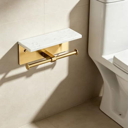 Brushed Gold Toilet Paper Holder Wall Mount, NEWRAIN Rustproof Commercial Double Toilet Tissue Holder with Marble Phone Shelf, Stainless Steel Toilet Roll Holder for Bathroom, Washroom, Hotel, RV - color: Brushed Gold, style: Marble