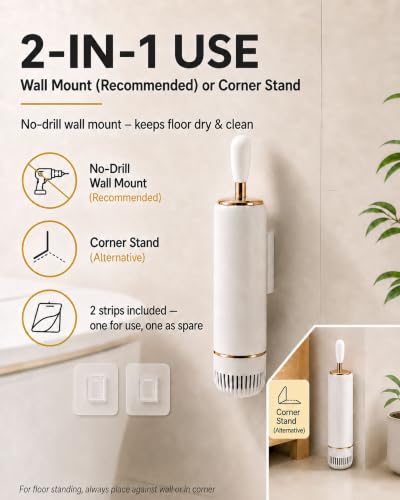 Toilet Brush Set, Dense Nylon Bristles, Wall Mount, Non-Scratch, White Gold | 16.5" Handle | Splash-Proof | Odor-Locking Lid | Ventilated Base | Hideaway Brush Head | Thick ABS | 2 Adhesive - color: White Gold