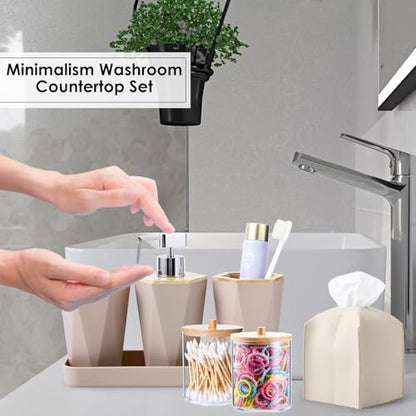 Beige Bathroom Accessories Set, 10 Pieces Bamboo Bathroom Set with Trash Can, Tray, Soap Dispenser, Soap Dish, Toothbrush Holder, Toothbrush Cup, Tissue Holder, Toilet Brush and Qtip Holders