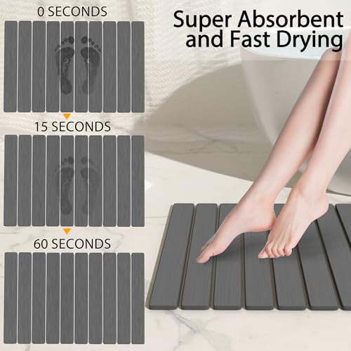 Foldable Stone Bath Mat 60x39cm | Quick-Dry Diatomaceous Earth Bath Rug with PVC Anti-Slip Base | Bathroom, Kitchen, Pet-Friendly Water Absorbent Mat - color: Grey
