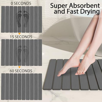 Foldable Stone Bath Mat 60x39cm | Quick-Dry Diatomaceous Earth Bath Rug with PVC Anti-Slip Base | Bathroom, Kitchen, Pet-Friendly Water Absorbent Mat - color: Grey