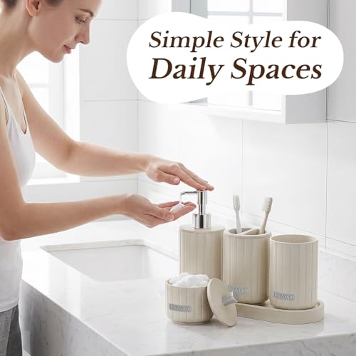 Cream Bathroom Accessory Set 5 Piece with Soap Dispenser, Storage Jar, Bathroom Counter Tray, Toothbrush Holder and Toothbrush Cup, Modern Stone-Effect Bathroom Countertop Decor Bath Sets