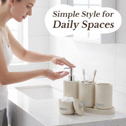 Cream Bathroom Accessory Set 5 Piece with Soap Dispenser, Storage Jar, Bathroom Counter Tray, Toothbrush Holder and Toothbrush Cup, Modern Stone-Effect Bathroom Countertop Decor Bath Sets
