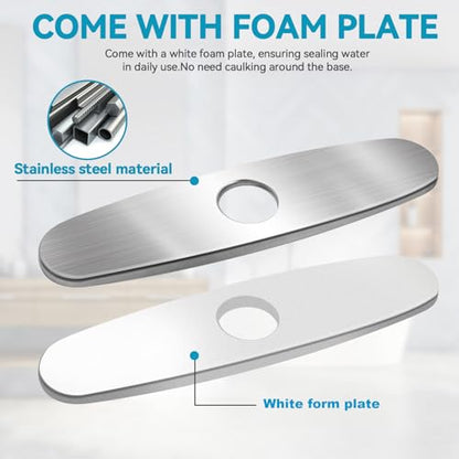 MAAYAYA 10" Kitchen Sink Deck Plate, Faucet Hole Cover, 8" Widespread | MAYYAYA Brushed Nickel 304 stainless deck plate escutcheon; foam gasket; secures with faucet's own hardware, no extra nuts - color: Brushed Nickel