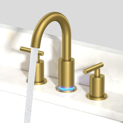 FORIOUS 8" LED Bathroom Faucet Gold, Vanity 3 Hole Bathroom Faucet Lights | 3 Hole Brushed Gold Bathroom Faucet Widespread with 3 Color Changing LED Light, Pop Up Drain, CUPC Supply lines, Light Faucet - color: Brushed Gold, style: Contemporary