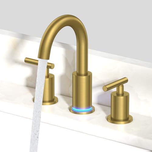 FORIOUS 8" LED Bathroom Faucet Gold, Vanity 3 Hole Bathroom Faucet Lights | 3 Hole Brushed Gold Bathroom Faucet Widespread with 3 Color Changing LED Light, Pop Up Drain, CUPC Supply lines, Light Faucet - color: Brushed Gold, style: Contemporary
