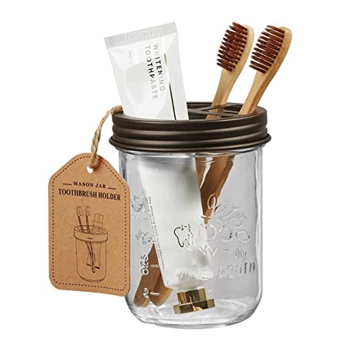 Amolliar Mason Jar Bathroom Accessories Set, 4Pcs Glass Bathroom Set,Bronze | Lotion Soap Dispenser, 2 Cotton Swab Holder, Toothbrush Holder, Farmhouse Rustic Bathroom Decor, Countertop Vanity Organizer - size: Bronze, style: Standard-mouth