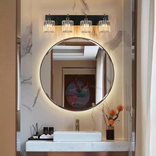 Black Crystal Bathroom Vanity Lights, Modern 4-Lights Bathroom Lighting Fixtures Over Mirror, Crystal Wall Lighting with Round Shade - color: Black-Round Shade, size: 4-Light