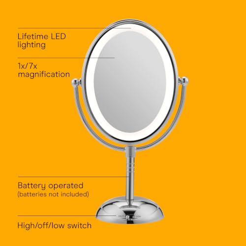 Conair Lighted Makeup Mirror, LED Vanity Mirror, 1X/7X Magnifying Mirror, Double Sided, Battery Operated in Polished Chrome - size: 4.7"L x 8"W, style: Battery Operated