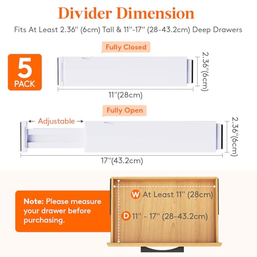Lifewit 2.36" Upgrade Kitchen Drawer Dividers, Adjustable Drawer Organizer | 11"-17" Expandable White Drawer Separator for Clothes/Utensils, Dresser/Cabinet/Closet/Nursery Organization & Storage, 5 Pack - size: 2.36"H, 11-17"L