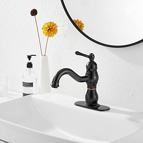 Oil Rubbed Bronze Bathroom Faucet GGStudy Bathroom Vanity Faucet Single Handle One Hole Bathroom Sink Faucet Basin Mixer Tap Matching Pop Up Drain with Overflow - color: Oil Rubbed Bronze, size: Short