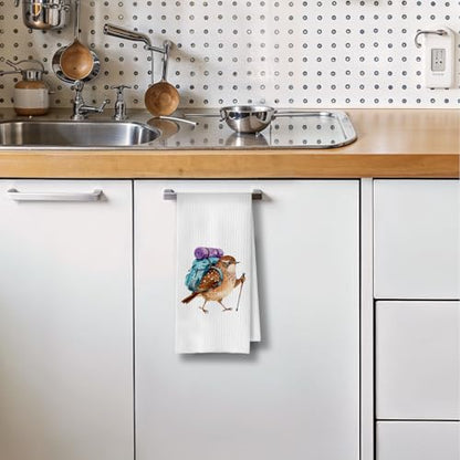 Bird Gifts Kitchen Towels - Funny Bird Decorative Waffle Dish Towels, Backpacking Birding Gifts Hand Towel, Wren Tea Towel, 16x24 Inch - color: Backpacking Bird