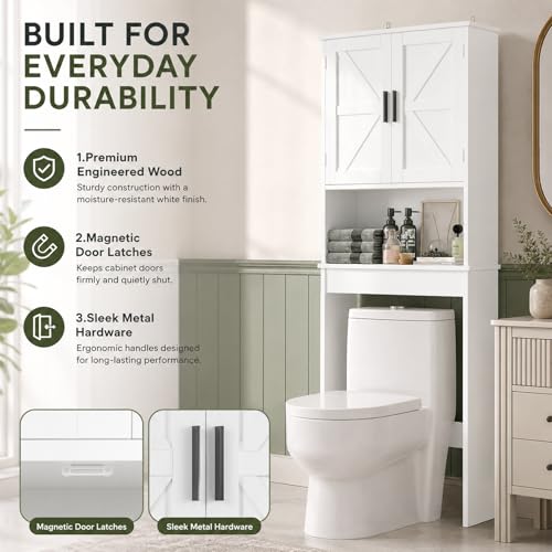66" H White Bathroom Cabinet Over Toilet with Doors; Adjustable Shelf Bathroom Organizer Unit Featuring Freestanding MDF Wood Over the Toilet Cabinet Frame for Restroom (B) - color: B