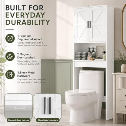 66" H White Bathroom Cabinet Over Toilet with Doors; Adjustable Shelf Bathroom Organizer Unit Featuring Freestanding MDF Wood Over the Toilet Cabinet Frame for Restroom (B) - color: B