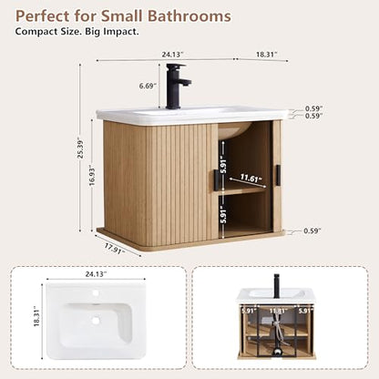 24 Inch Floating Bathroom Vanity with Sink, Wall Mounted Bath Vanity Combo with Fluted Sliding Doors, Small Space Bathroom Cabinet with Ceramic Vessel Sink, Faucet & Drain Included (Natural Oak)