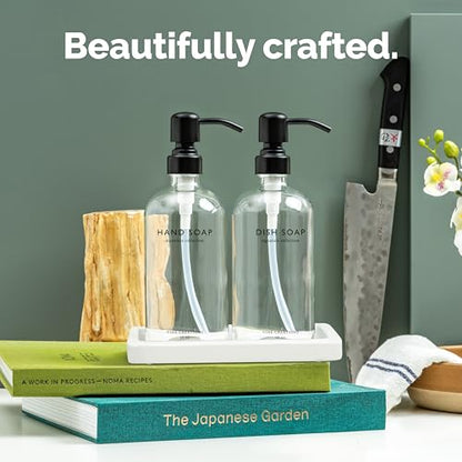 Vine Creations Glass Soap Dispenser Set, Kitchen Soap Dispenser Set with Ceramic Tray, 16 oz Dish Soap and Hand Soap Dispensers with Stainless Steel Pump Decor (Clear Bottle/Matte Black) - color: Clear Bottle / Matte Black Pump