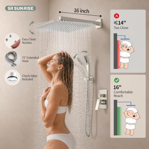 SR SUN RISE Shower Faucet - 16 Inch Rain Shower System - All Metal Shower Fixtures - Brushed Nickel - color: Brushed Nickel, size: 16 Inch
