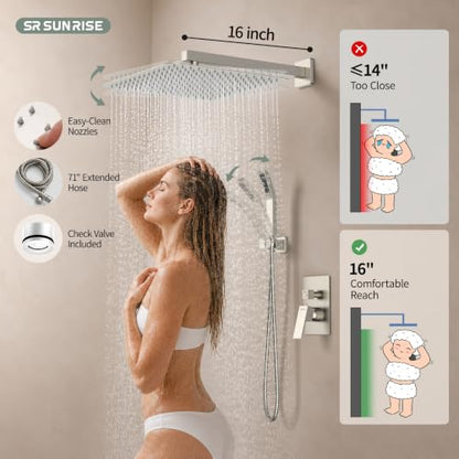 SR SUN RISE Shower Faucet - 16 Inch Rain Shower System - All Metal Shower Fixtures - Brushed Nickel - color: Brushed Nickel, size: 16 Inch