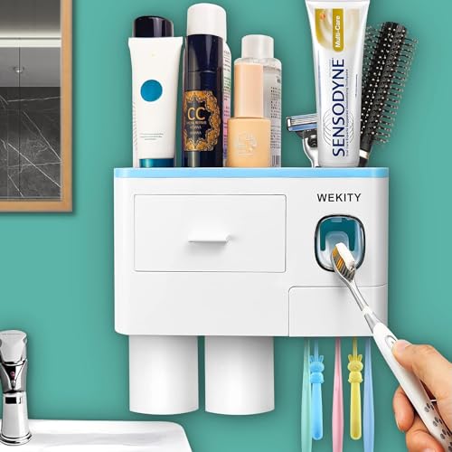 Multifunctional Wall-Mounted Toothbrush Holder, Automatic Toothpaste Dispenser Space Saving Toothbrush and Toothpaste Holder, with 2 Cup and Drawers Cosmetic Organizer (Blue) - color: Blue