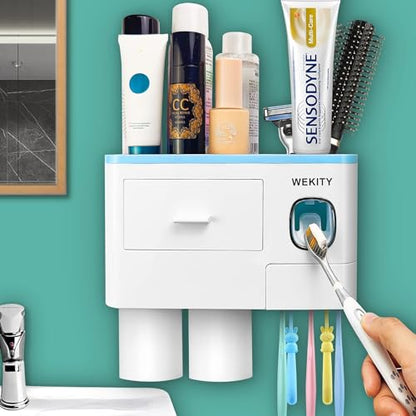 Multifunctional Wall-Mounted Toothbrush Holder, Automatic Toothpaste Dispenser Space Saving Toothbrush and Toothpaste Holder, with 2 Cup and Drawers Cosmetic Organizer (Blue) - color: Blue