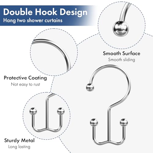 Bathway Shower Curtain Hooks Chrome Shower Curtain Rings, 12 Pcs Double Hook Shower Curtain Hooks Rings Shower Curtain Hangers Rust Proof, Metal Shower Hooks for Bathroom Shower Curtain Rod - color: Chrome, style: Minimalist