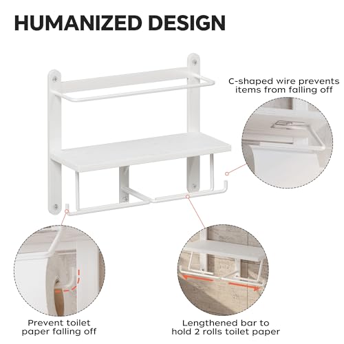 Homeiju Double Toilet Paper Holder with Shelf, Wooden Wall-Mounted Toilet Paper Roll Holder, Wall-Mounted Bathroom Organizer, Double Roll, Suitable for Bathrooms(White)